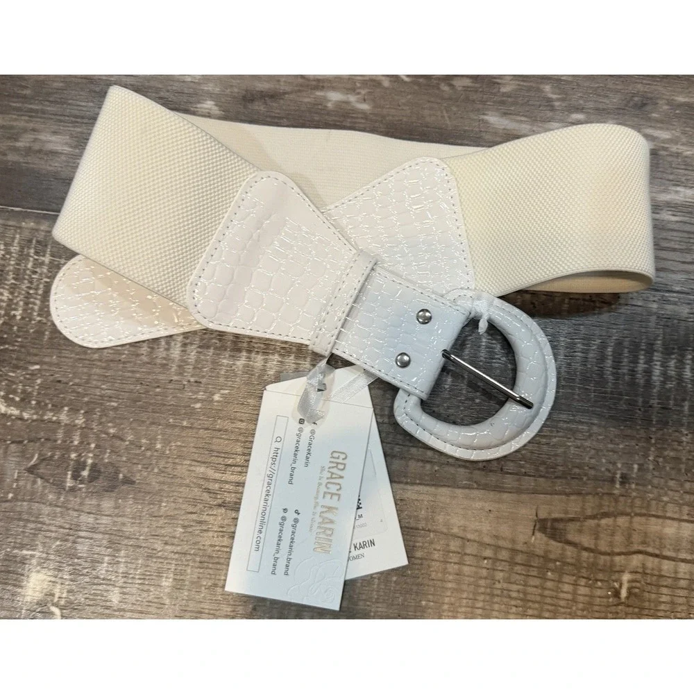 NWT Grace Karin White Wide Stretch Belt Patent Croc Buckle Retro Pin Up